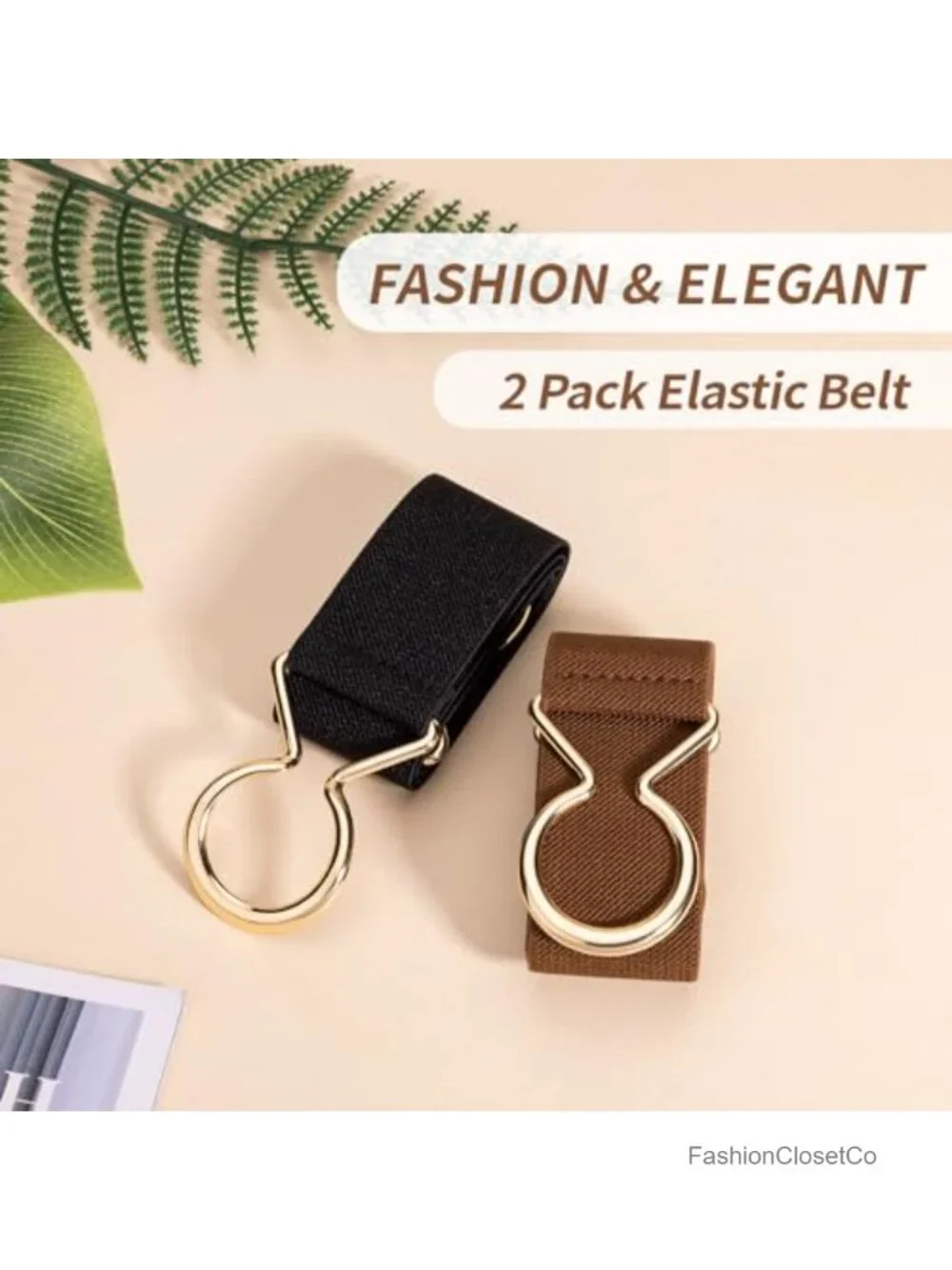 2 Pack Stretchy Elastic Belts with Gold Buckle for Women